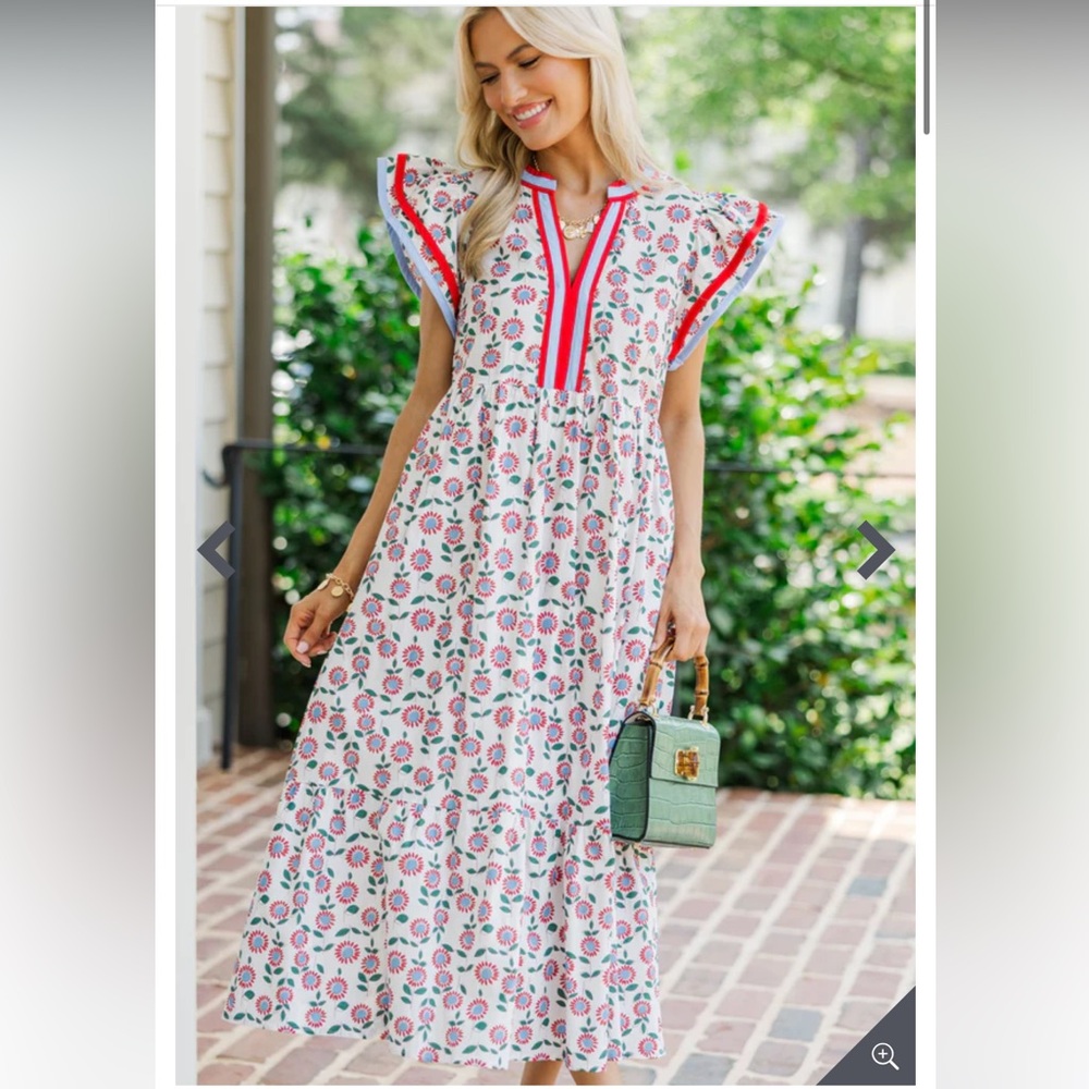 entro White Floral Midi Dress with Pink and Red Trim